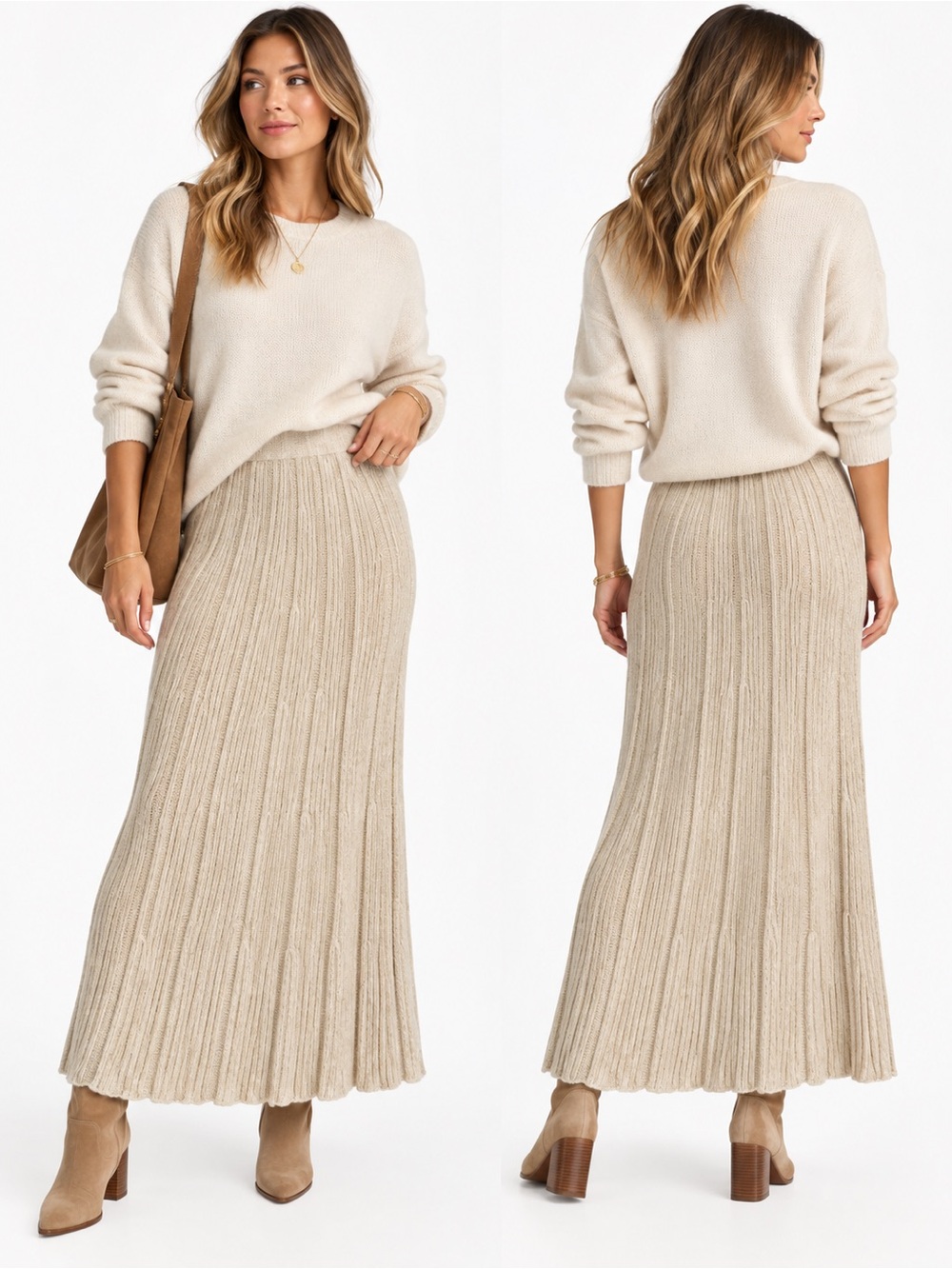 Caara Oatmeal Beige Ribbed Knit Maxi Skirt - Women's Size Medium New Minimalist
